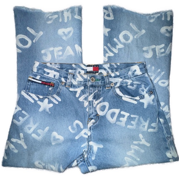 Tommy Hilfiger Y2K Light Blue Graffiti Jeans girls size 14 vintage - Picture 1 of 13